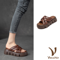 【Vecchio】真皮拖鞋 厚底拖鞋/全真皮頭層牛皮編織交叉造型鬆糕厚底拖鞋(棕)