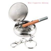 Mini Stainless Steel Pocket Ashtray Vehicle Round Shaped Ashtray Portable with Silver Key Chain Smoking Accessories