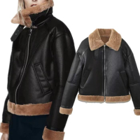 Dave&amp;Di American Retro Plush Flight Jacket With Leather Jacket Winter Boyfriend Zipper Style Coat Women