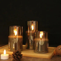 3 PACK Gray Flickering Flameless Candles, Battery Operated Acrylic LED Pillar Candles with 10-Key Remote Control and Timer