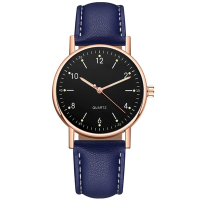 Geneva 日內瓦-米歇爾商務簡約中性數字標手錶-藍帶黑面玫金框/36mm