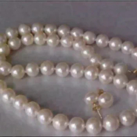 18" AAA 9-10 MM NATURAL Akoya White PEARL NECKLACE 14K GOLD CLASP + Earring