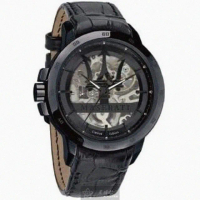 【MASERATI 瑪莎拉蒂】瑪莎拉蒂男錶型號R8821119006(機械鏤空錶面黑錶殼深黑色真皮皮革錶帶款)