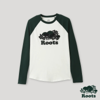 【Roots】Roots 女裝- 格紋風潮系列 海狸LOGO棒球長袖T恤(深綠色)