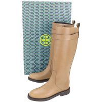 TORY BURCH 雙T牛皮及膝工裝長靴(奶茶色)