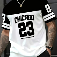 Kemeja-T Grafik Kasual Lelaki, Rekaan Chicago 23, Lengan Pendek, Tee Musim Panas, Baju Atasan Huruf