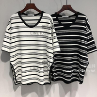 大碼短袖t恤女生條紋半袖遮肚V領百搭上衣女生潮寬鬆 M-3XL【步行者戶外生活館】