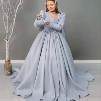 Gery Satin Flower Girl Dresses For Wedding A Line Floor Length Long Sleeves With Bow Birthday Party Children Ball Gowns