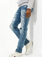 กางเกงยีนส์ Medium Mended Slim Straight Fit รุ่น 0116 Mens Slim Straig สี919 Destroyed Medium Wash