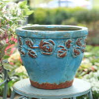 歐式復古做舊圓形藍色彩釉玫瑰花盆 陽臺室內裝盆器綠植盆栽盆器