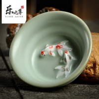 汝窯茶杯功夫茶具茶杯開片汝瓷茶杯個人品茗杯大號浮雕雙魚主人杯