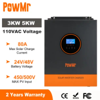 PowMr 3KW 5KW Hybrid Solar Inverter 24V 48V 110V Pure Sine Wave Inverter 3000W 5000W with 80A MPPT Solar Charge Controller