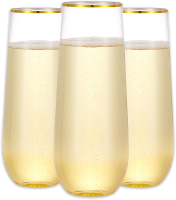 N9R 12PCS Plastic Champagne Flutes 9 oz Stemless Gold Rim Toasting Glasses Crystal Clear Cocktail Cu