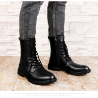 Brand Size 37-48 Motorcycle Boot Men Warm Men Genuine Leather Boots Footwear Thick Soled Tactical Boots Side Zipper Casual Shoes