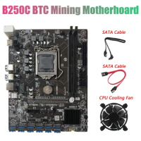 B250C BTC Miner Motherboard With 2XSATA Cable+Fan 12XPCIE To USB3.0 Graphics Card Slot LGA1151 Supports DDR4 DIMM RAM