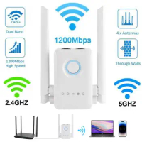 WiFi Range Extender Dual Band 5GHz 2.4GHz WiFi Amplifier 1200Mbps 4 Antennas WiFi Extender Booster with RJ45 Ethernet Port
