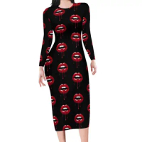 Red Dripping Lips Dress Long Sleeve Glamour Print Aesthetic Dresses Summer Modern Bodycon Dress Wome