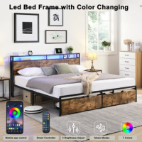 King Size Bed,Smart LED Bed Frame with Storage Headboard with Charging Station,for bedroom,No Box Spring Needed,Easy Assembly