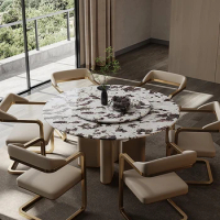 Light luxury dining table round with turntable home dining table large round table natural marble hotel luxury dining table