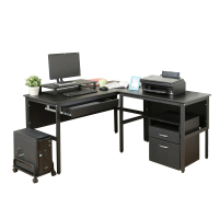 【DFhouse】頂楓150+90公分大L型工作桌+1抽屜+主機架+桌上架+活動櫃-黑橡木色