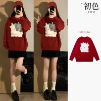 【初色】慵懶風可愛圖案寬鬆圓領長袖針織衫毛衣上衣女上衣-紅色-39801(F可選)