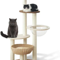 Modern Large Cat Tree Tower, Real Natural Sisal Luxury Cat Condo, Manual Hand Woven Wood, Indoor Cat Scratching Tree