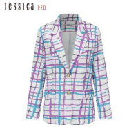 【快速到貨】【Jessica Red】個性時尚抽象格紋單排扣西裝外套824103（紫）