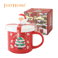 【Just Home】立體聖誕禮物盒陶瓷馬克杯400ml-附杯蓋及湯匙(交換禮物 杯子 陶瓷杯 馬克杯)