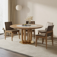 圓形實木餐桌帶轉盤嵌入式轉盤小戶型侘寂風全實木餐桌家用實木桌