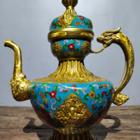 14"Tibet Temple Collection Old Bronze Cloisonne Enamel Floral texture Dragon handle Da Cang Pot flagon Ornament Town house