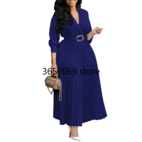 S-3XL Pleat African Paty Evening Dresses for Women Summer 2024 Elegant African 3/4 Sleeve V-neck Polyester Midi Dress Gowns