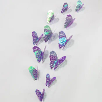 12Pcs 3D Mirror Iridescent Purple Hollow Paper Butterfly Wall Stickers Removable Mural Butterflies Decals Art Wall Living Room