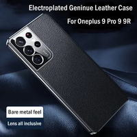 Luxury Genuine Leather Case For Oneplus 9 Pro Soft Silicone Electroplate Frame Cover for Oneplus 9 9R 9Pro shockproof Phone Case