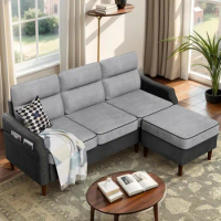 L-shaped Sofa, 78" 3-seater Sectional Sofa with Reversible Ottoman, with Side Storage Pockets 100% Polyester Fabric, Sofa
