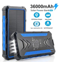 Solar Powerbank 36000mAh Solar Power Bank Fast Qi Wireless Charge Outdoor Waterproof for iPhone Huawei Xiaomi with Camping Light