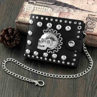 Punk Rock Hip-Hop Wallet Mens Bifold Leather Wallet Big Skull Purse With Jeans Chain
