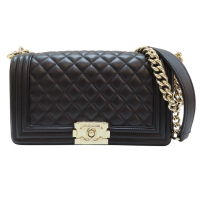 【二手名牌BRAND OFF】CHANEL 香奈兒 黑色 菱格紋 羊皮 Boy25 鍊帶 肩背包 金扣 A67086