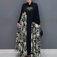 XITAO Spliced Dress Long Sleeved Loose Fashion Female Irregular Printing Turn Down Collar Slimming New Elegant Dress LYD1802