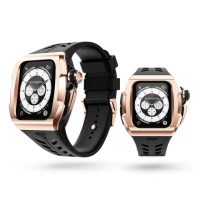 【Y24】Apple Watch 45mm 不鏽鋼防水保護殼 玫瑰金錶殼/黑錶帶