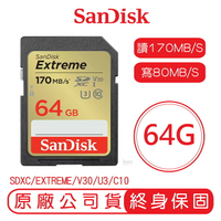 SanDisk 64GB EXTREME SD C10 U3 V30 記憶卡 讀170MB 寫80MB 64G SDXC【APP下單最高22%點數回饋】