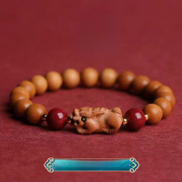 Peach Wood Pixiu Bracelet with Cinnabar Peach Wood Pixiu Handmade Accessories