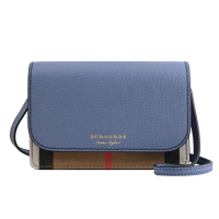 【BURBERRY 巴寶莉】英系經典棉麻格紋拼接手機多卡零錢晚宴包斜背包(淺藍)