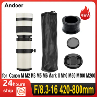 MF Super Telephoto Zoom Lens F/8.3-16 420-800mm T2 Mount with M-mount Adapter for Canon M M2 M3 M5 M6 Mark II M10 M50 M100 M200
