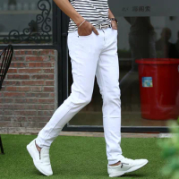 Men's Elastic Slim White Jeans Pants Korean Fashion Youth Slim Fit Cargo Pants Classic Streetwear Mens Denim Trousers