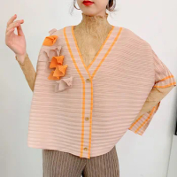 Miyake Pleated 3D Appliques Flower Tops Women 2023 Summer New Cardigan V-neck Coat Lace-up Lazy Senior Sense Shirt