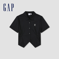 【GAP】女裝 Logo短版翻領短袖襯衫-黑色(873201)