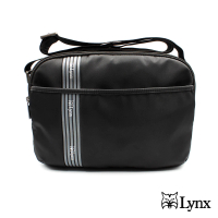 【Lynx】美國山貓簡單條紋多隔層機能防潑水尼龍布包橫式單肩包 側背包(黑色)