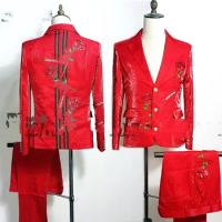Nightclub male singer male DJ host hair stylist red embroidered rose flash slim suit performance suit