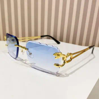 Rimless Cut Edge Sunglasses Vintage Metal Temples UV400 Rectangle Sun Glasses Summer Traveling Eyewear for Women &amp; Men
