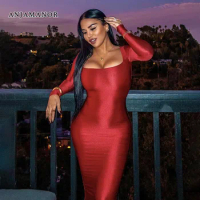 ANJAMANOR Square Neck Low Cut Bodycon Long Dresses for Women Red Party Dress Sexy Clubwear Birthday Outfit for Women D85-BD25